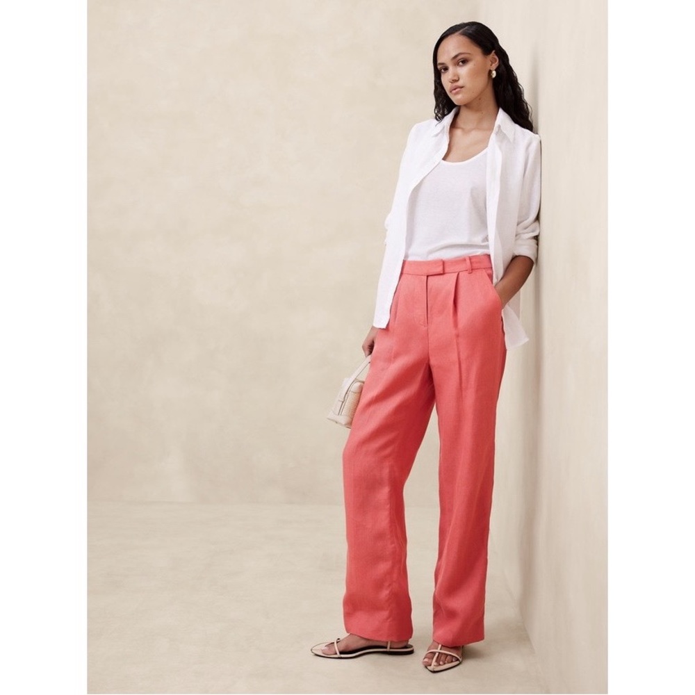 Banana Republic Lina High Rise Straight Leg Linen Trouser Pant in Coral